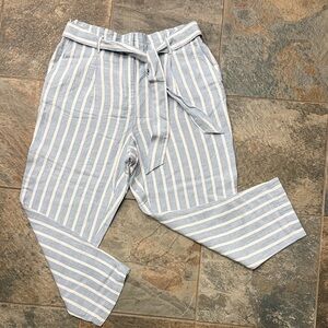LOFT Women’s Light Blue & White Striped Chinos with Waist Tie